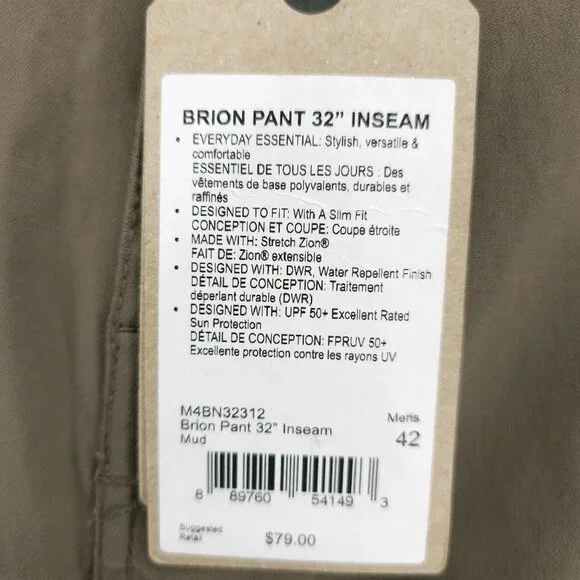 NWT PRANA Brion Pants Mud Brown Casual Hiking Outdoor Stretch Slim Fit 42x32